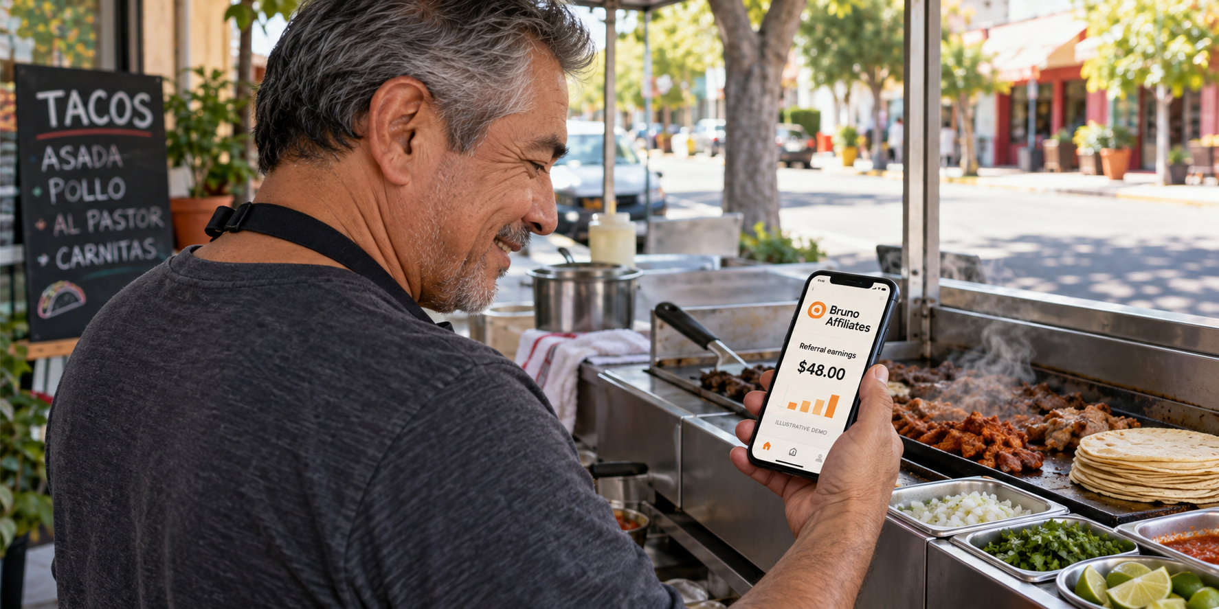An older taco-stand owner checks an illustrative commission on his phone.