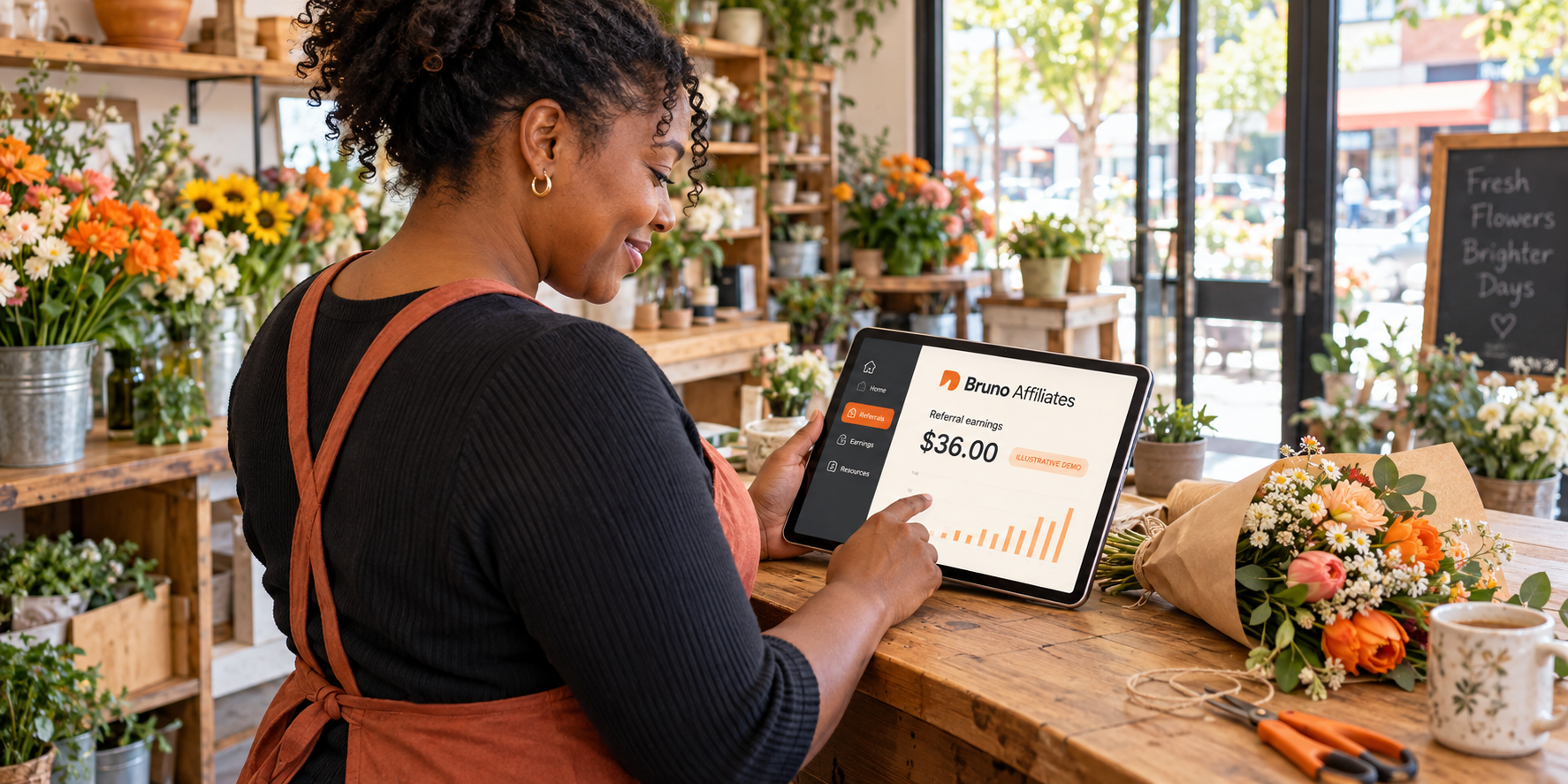 A florist views an illustrative affiliate dashboard on her tablet.
